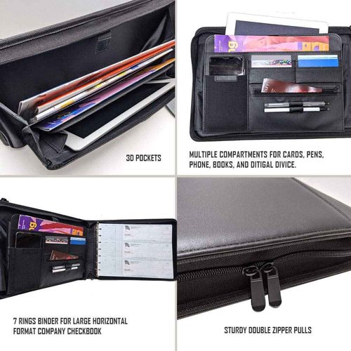 MSP 7 Ring Business Check Portfolio, Business Checkbook Briefcase in PU Leather with Handles, Zip Pockets, 3 Ring Binder, Carry 500 Business Check- Black