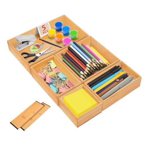 IUMLXJO 5PCS Bamboo Drawer Organizer with Adjustable Wood 2 Drawer Dividers, Stackable Makeup Desk Junk Storage Boxes Container Trays with 7 Grid for Kitchen Utensils,Bathroom, Office