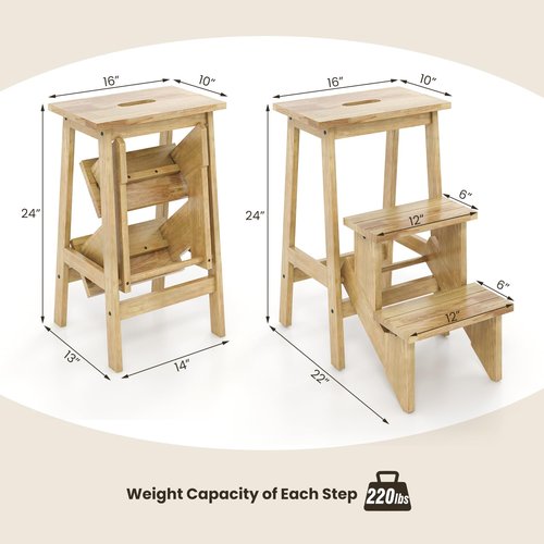 GLACER 3-Tier Folding Step Stool, Portable Wood Step Ladder for Adults & Kids, 3-in-1 Storage Shelf Flower Rack Foot Stool, Ideal for Home, Kitchen, Library (Natural)