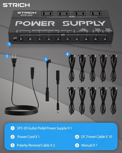 STRICH SPS-20 Guitar Power Supply 10 Isolated DC Output for 9V/12V/18V Effect Pedal