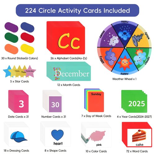 Ottkids Circle Time Learning Center Classroom Pocket Chart,Circle Time Calendar Preschool Include 224 Cards, Educational Pocket Chart Material,Learning Calendar Weather Letter Counting Color Shape