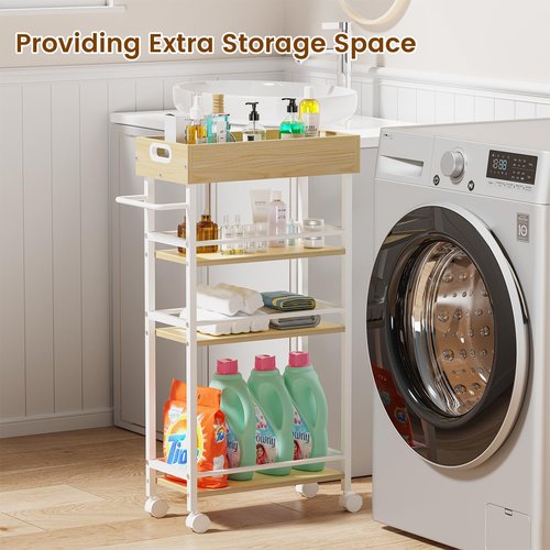 Asgolion Slim Storage Cart, 4 Tier Rolling Cart with Handle, Kitchen Cart on Wheels, Metal Frame Narrow Cart for Small Spaces for Dining Room, Bathroom, Laundry Room, Office White