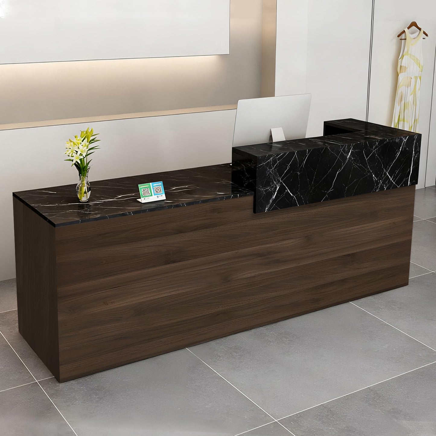 Modern Reception Desk with Drawer & Open Shelves, 39-95 Inch Front Counter Table, Computer Workstation Suitable for Salons, Offices, Lobbies, Retail Stores and Home Offices