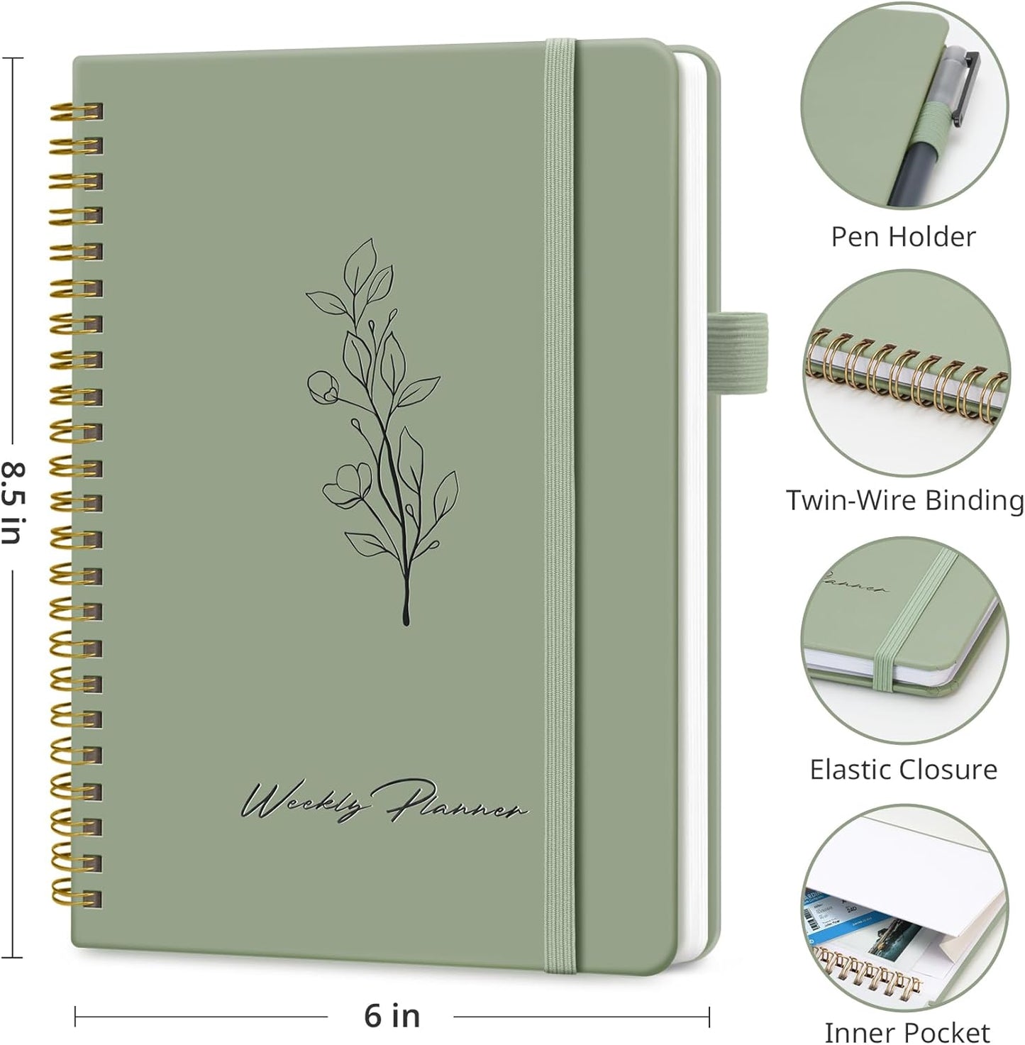 Undated Weekly Planner by [Brand Name] - A5 Goal & Habit Tracker Notebook | 6.1" x 8.2" - Green