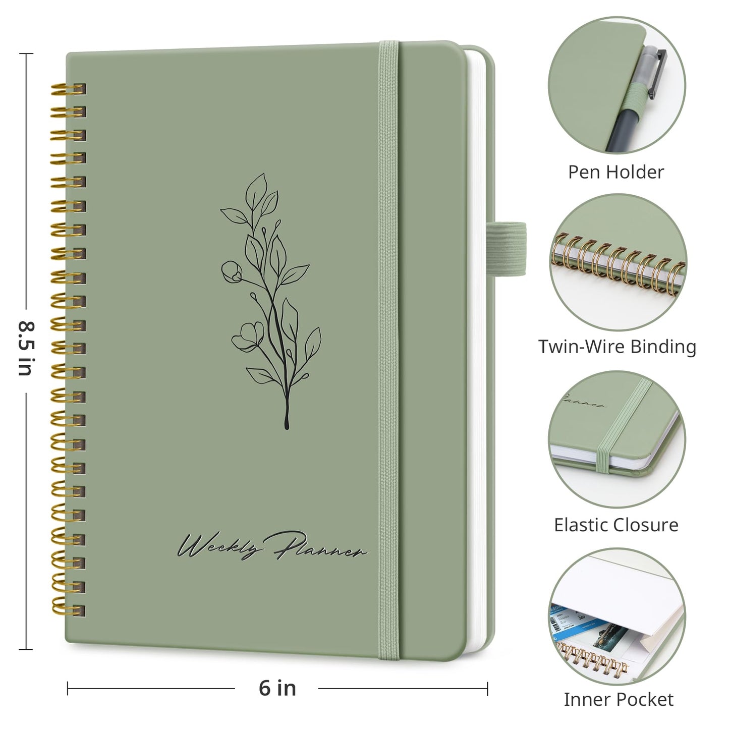 Taja Undated Weekly Planner, Weekly To Do List Notebook with Goal & Habit Tracker Organizer, A5 Weekly Planner Notebook with Spiral Binding, 6.1" x 8.2" - Green