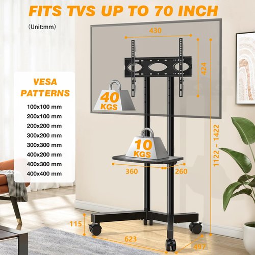 Mobile TV Stand with Upgraded Wheels for 32-75 Inch TVs up to 88 lbs, Height Adjustable Rolling TV Stand with Laptop Shelf, Mobile TV Cart with Heavy Duty Structure for Living Room, Patio, Office