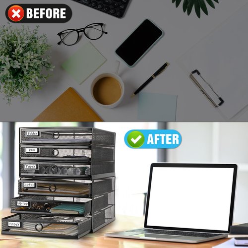 Zhanmai 2 Pcs Desk Organizer with Drawer Total 6 Tiers, Wire Mesh Organizers Tray Multifunctional Paper Sorter File Stand for Home Office Supplies Storage Letter A4 Paper Office Accessories(Black)