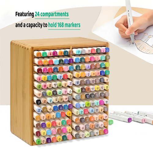HILELIFE Marker Organizer - Holds168 Markers, Bamboo Marker Holder Organizer Desktop Marker Storage Organizer for Markers, Art Supplies, Pens, Pencils
