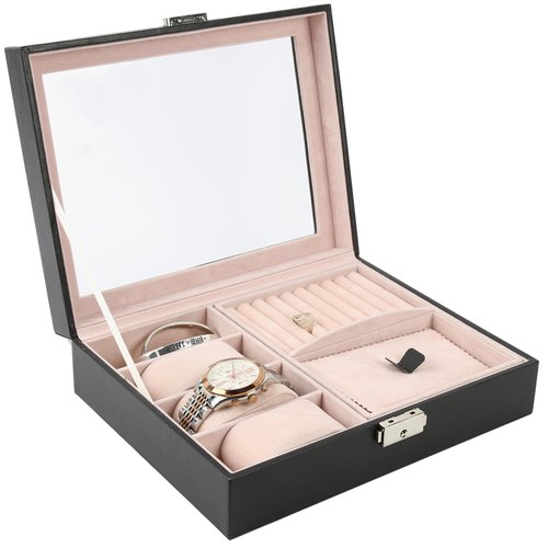 Natico Originals Multi-Compartment Jewelry Box Storage w/Glass Lid and Clasp Closure, Accessories Case for Watches Bracelets Rings Earrings Cufflinks (100-102403)