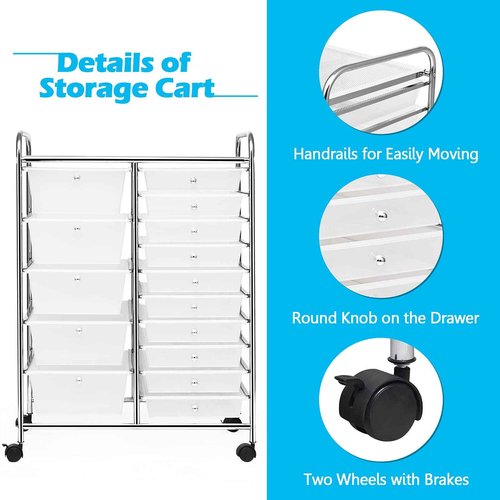 BETTARY 15 Drawer Rolling Cart, Tools Scrapbook Paper Organizer w/Removable Drawers & 4 Universal Wheels, Multipurpose Lightweight Cart for Supermarket, School, Office, Home Compact Space (Clear)