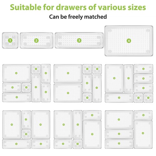 25 Piece Clear Drawer Organizer Set, 4 Sizes Bathroom Vanity Organizer Trays and Storage Bins for Makeup, Cosmetics, Jewelry, and Gadgets. Perfect for Office, Kitchen, Bedroom, Bathroom Use.