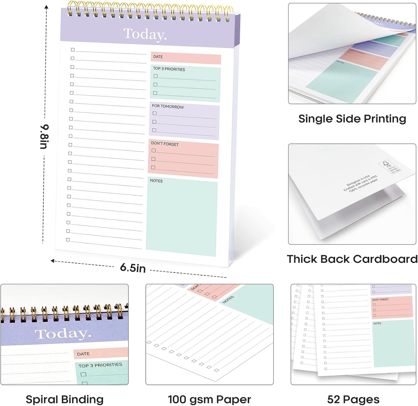 Taja To Do List Notepad - Undated Daily Planner with 52 Sheets | 9.8" x 6.5" for Work & Home - Violet Dream
