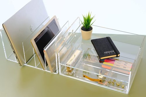 EXPUTRAN Acrylic Desk Organizer Drawer + Inbox with Letter Tray 12.6” x 10.6” x 5”, A4 Size, Clear