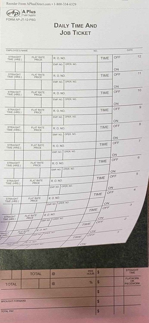 A Plus Dealer Supplies 12 Flag Mechanic's Daily Job Time Tickets/Flag Sheets - AP-JT-12-PSG - 2 Packs of 250 Per Pack - 500 Quantity (V2*)