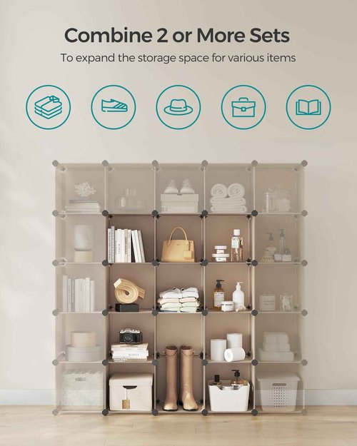 SONGMICS Cube Storage Organizer, Set of 16 Plastic Cubes, Book Shelf, Closet Organizers and Storage, Room Organization, Bedroom Living Room, 12.2 x 48.4 x 48.4 Inches, Camel Brown ULPC442K01