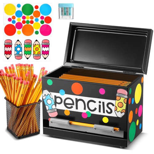 Black Pencil Dispenser for Classroom, Stainless Steel Pencil Dispenser Bulk Pencil Holder for Desk, with 50 Pencils 3 Stickers 1 Metal Pen Holder 1 for Bulk Pencils Storage Classroom Home Office