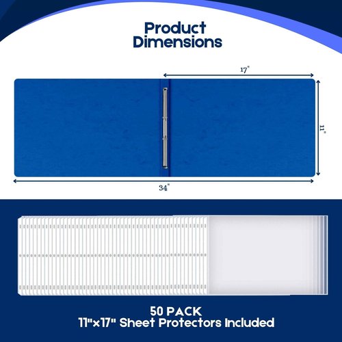 Performore - 10 Pack of 11 x17 Landscape Pressboard Presentation Binder Folders with 50 Sheet Protectors. Blue Fiberboard Report Covers with 3" Capacity Metal Prong Paper Fastener to Bind Reports