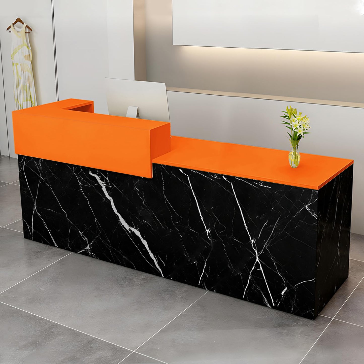 Modern Reception Desk with Drawer & Open Shelves, 39-95 Inch Front Counter Table, Computer Workstation Suitable for Salons, Offices, Lobbies, Retail Stores and Home Offices