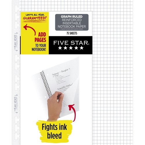 Five Star Insertable Loose Leaf Paper, Notebook Paper, Graph Paper to Add Pages, Reinforced Filler Paper, 8.5 x 11, 75 Sheets (17018)