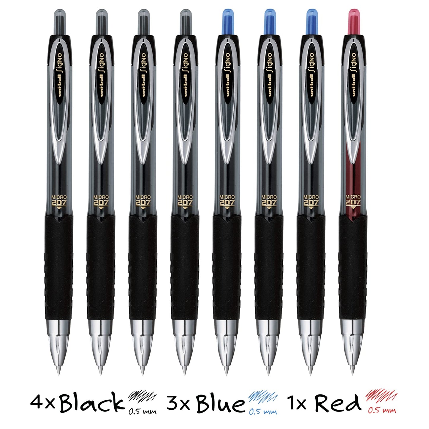 Signo 207 Retractable Gel Pens by Uni, Micro 0.5mm (aka Fine Point), Includes 4 Black, 3 Blue, 1 Red