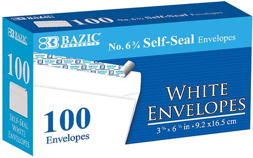 BAZIC Products Self-Seal White Envelopes - No Window Mailing Envelopes, Peel & Seal, 3 5/8" x 6 1/2" (100 Pack)