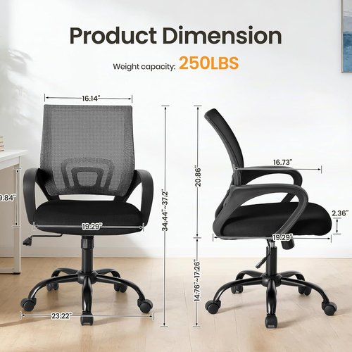 OLIXIS Ergonomic Office Desk Chair - Mid Back with Lumbar Support & Rocking Mode | Height Adjustable, 360° Swivel, Black