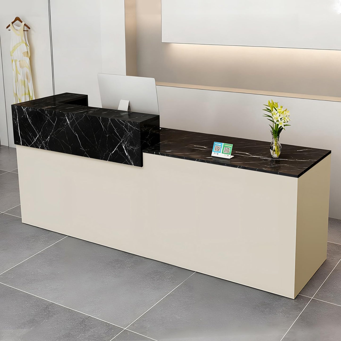Modern Reception Desk with Drawer & Open Shelves, 39-95 Inch Front Counter Table, Computer Workstation Suitable for Salons, Offices, Lobbies, Retail Stores and Home Offices