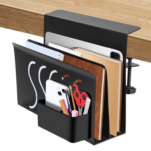 YSaekYeo 2 Tier Desk side storage,Under Desk Storage Clamp On Organizer with Magnetic Pen Holder, No Drill Hanging Under Laptop Holder for Office and Home，Black