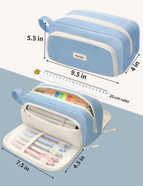 SUNEE Large Pencil Case, Big Capacity Pen Pouch with 3 Compartments, Kawaii Cute Pencil Bag with Zipper, High Storage Stationery Holder and Organizer, School Supplies for Teen and Adult Girls, Blue