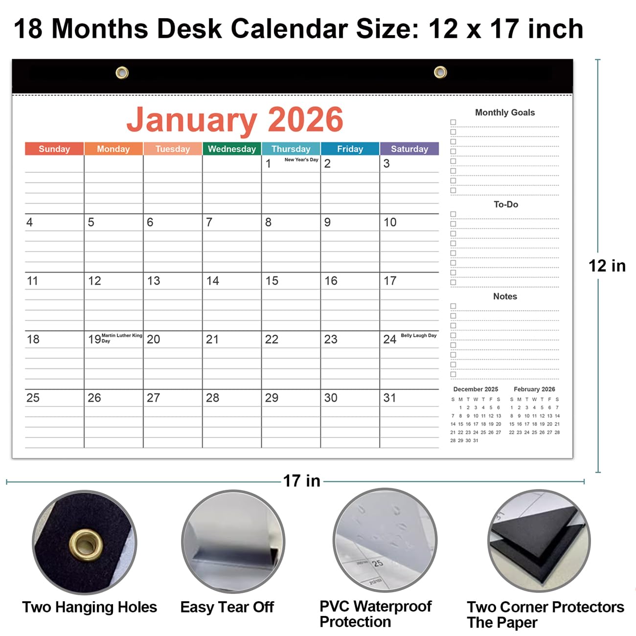 2026-2027 Desk Calendar - 18 Months Calendar from July 2026 to June 2027, Desk Calendar 2026-2027 with Thick Paper, 12" x 17", Colorful