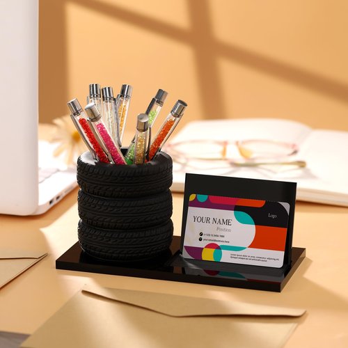 Sherr Tire Shaped Pen Holder Business Card Tire Shape Arylic Stationery Set Automotive Business Card and Car Salesman Pen Holder Office Desk Organizer for Men Cool Mechanics Gifts Car Lover(Black)