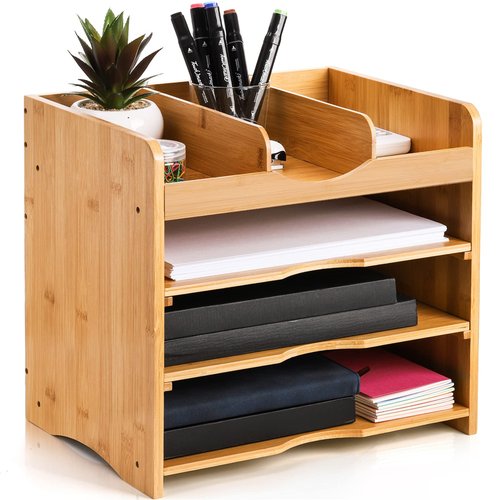 DEAYOU Bamboo Desk File Organizer, 13" Document Letter Tray Sorter with 2 Adjustable Shelves, 4 Tier Mail Organizer Countertop, Paper Storage Holder Box Cubby for Magazine, Office, Home, School