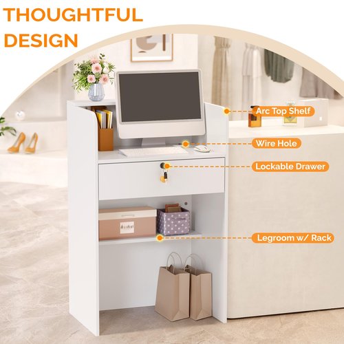 OmySalon Reception Desk with Counter, Small Front Desk w/Lockable Drawer, Wooden Modern Reception Table for Salon Lobby Office Home (White, 24)