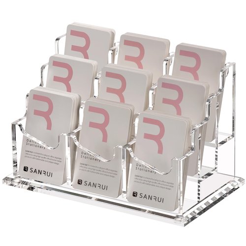 SANRUI Vertical Business Card Holder for Desk，Clear Acrylic Business Card Display Stand，9 Slots 3 Tier ，Holds 450 Cards