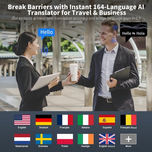 OYIB AI Language Translation Earbuds Real Time, 3-in-1 Translator Earbuds with 6 Translation Modes/164 Language, 50H Bluetooth 5.4 Headphones Translating Device for Travel/Business//Leaning, Black