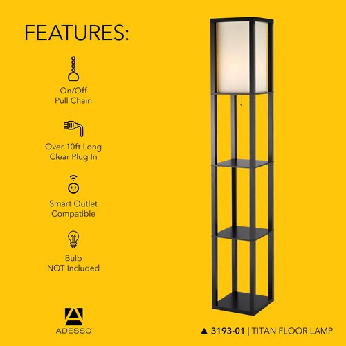 Adesso Square Floor Lamp with 3-Tier Open Shelves, Black Base, Fabric Shade, 72” T x 10.5” W, Extended Length Cord, Enhances Room Decor and Home Lighting