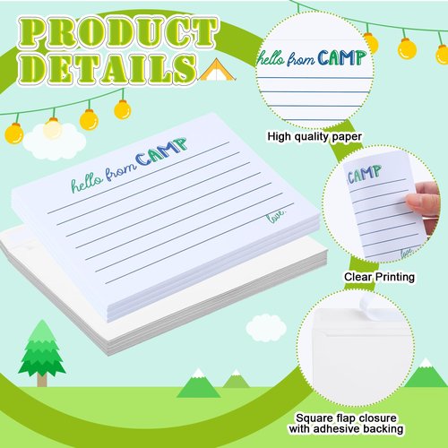 Motiskyy 12 Set Camp Lined Flat Cards and Envelopes Set 5.5 x 4.25 Inches Camp Stationary with Envelopes for Boys and Girls Campers