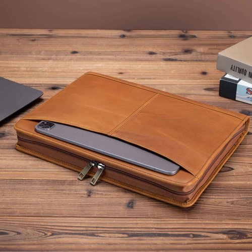 Geslun Genuine Leather Portfolio with Front Pocket for Men and Women, Zippered Padfolio Binder 8.5 x 11 Legal Pad Notebook Holder, Fits 13” Laptop, Professional Work File Case, Brown