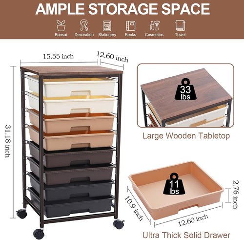 **SYKIARIOL Rolling Storage Cart - Versatile Drawer Cart with Wooden Tabletop | Brown Gradient Finish**