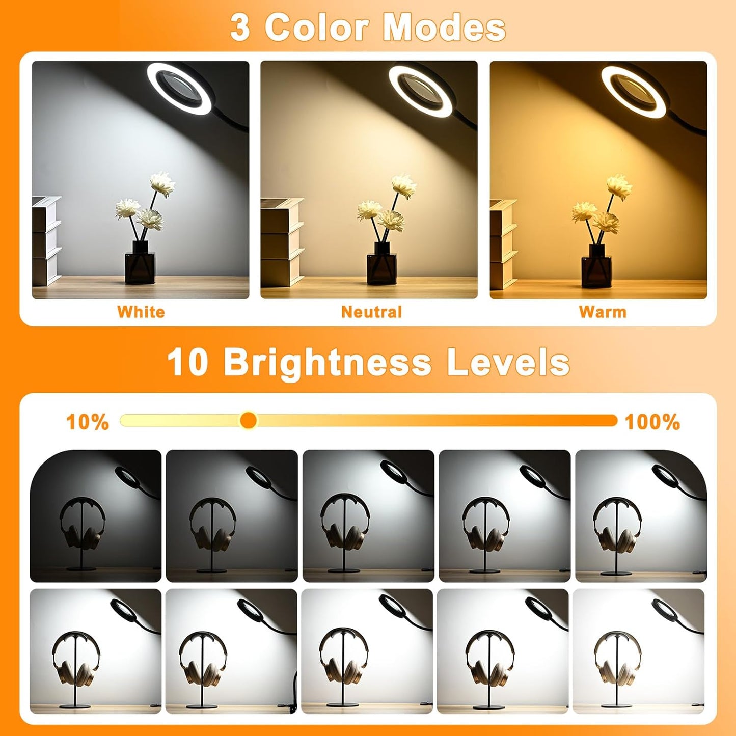 10X Magnifying Glass - 2-in-1 Desk Lamp with Light & Timer | 3 Color Modes, 10 Dimmable Brightness