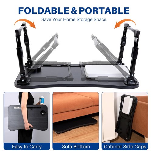 Laptop Desk for Bed, Height Adjustable Laptop Bed Table, Foldable Portable Lap Desk Stand with USB/Storage Drawer/Cup Holder/Slot, Breakfast Tray for Working Reading Writing Eating
