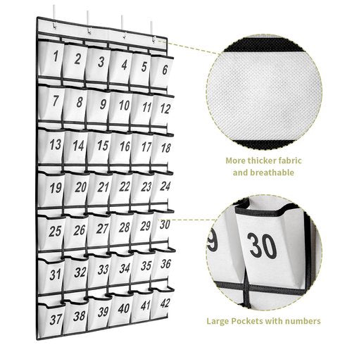 SAVERHO 42 Pockets Numbered Classroom Pocket Chart for Cell Phones, Hanging Pocket Chart Storage for Classroom Phone Calculator Holder with 4 Hooks and 42 Clear Numbers Printing (White-42pockets)