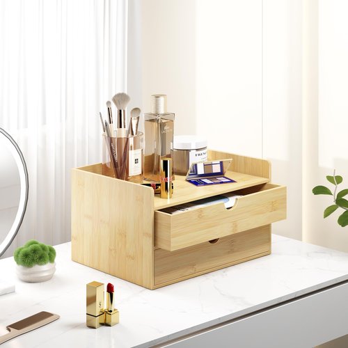 Wisuce Bamboo Desk Drawer Organizer, 2 Drawer Desktop Organizer with Drawers Tabletop Storage Organization Box for Office Home Toiletries Supplies Vanity, No Assembly Required