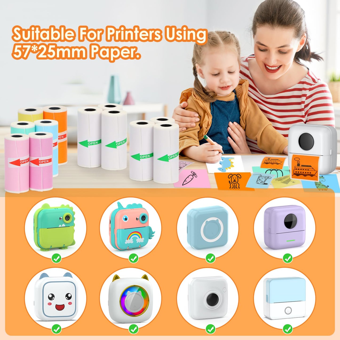 HuiJuKeJi 12 Rolls Mini Printer Sticker Paper,Thermal Self-adhesive paper 57 * 25mm,6 Rolls of White &6 Rolls of Colour Paper for Pocket Inkless Portable Bluetooth Printer to Print Photo,Note