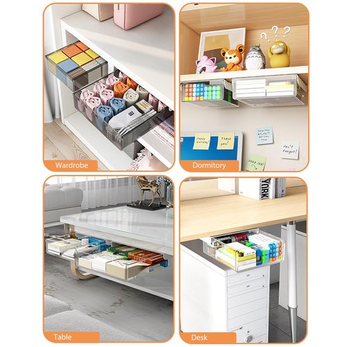2 Pack Under Drawer Organizer, Slide Out Under Desk Storage, Self-Adhesive Drawer Attachment for Office, School, Home, Hidden Desktop Organizer for Office Supplies & Home Essentials (Black)