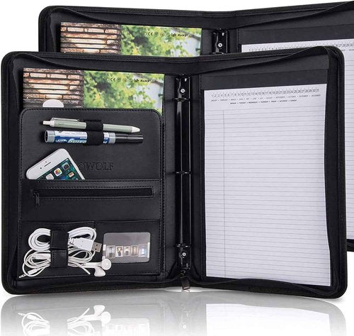 【2 Pack】 Padfolio Resume Portfolio Folder,OOWOLF PU Leather Professional with Round Ring Binder 8.5 x 11 Inch Writing Pad Tablet Sleeve Interview Document Organizer Business Card Holder Case