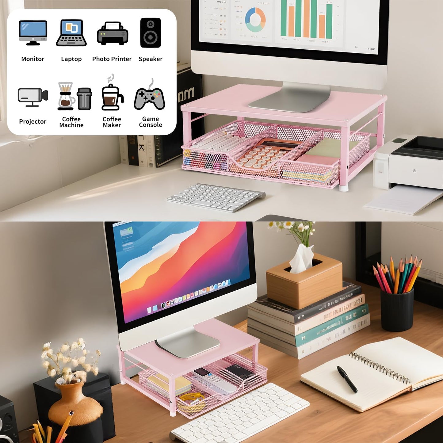 Skiennix Small Pink Laptop Stand - Stylish Monitor Stand with Drawer for Home & Office Desks