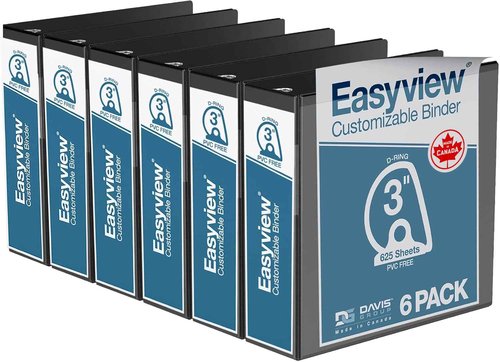Easyview Premium 3-Ring Binders with Clear-View Covers and D Rings, Binders for School or Office, 3 Inch, Pack of 6, Black