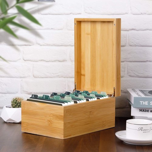 MaxGear Index Card Holder, 4 x 6Inch Wooden Business Card Organizer for Desk with 4 Dividers, Bamboo Index Cards Box with A-Z Tabs Holds 600 Cards for Recipe Flash Storage