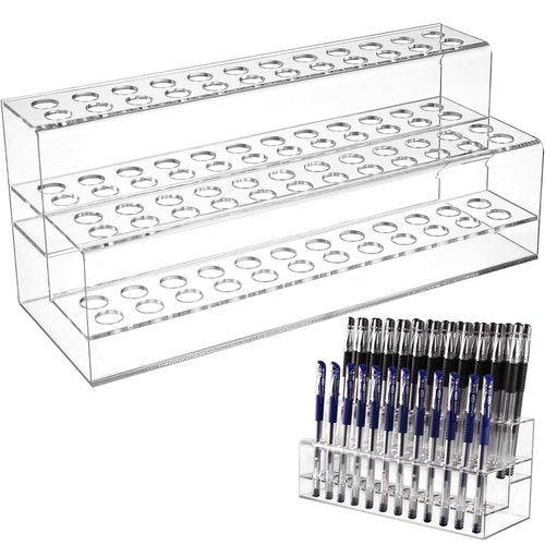 SUNSHNO Plastic Pen Holder Stand, 48-Slots Clear Pen Display Stand Rack Eyebrow Pen Stand Makeup Brush Rack Organizer for Store School Office Home, Transparency